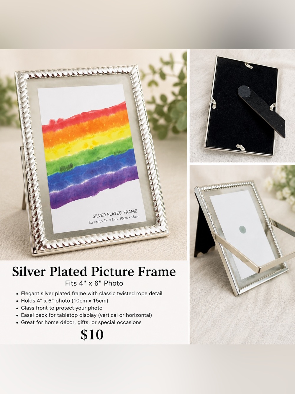 Silver Plated 4x6 Picture Frame – Twisted Rope Design